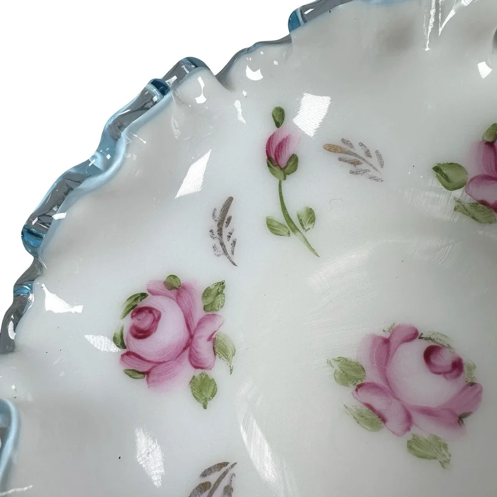 Fenton Aqua Crest Milk Glass Ruffled Trinket Dish Hand Painted Pink Roses White